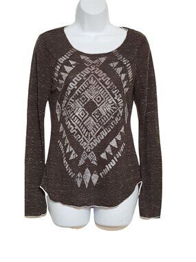 Buckle Womens Blouse M Gray Tribal Aztec Southwest Knit Stretch Long Sleeve Boho